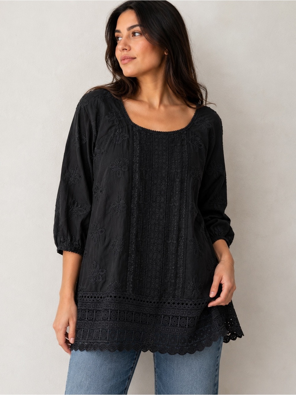 Johnny Was Black Embroidered Cotton Tunic Top